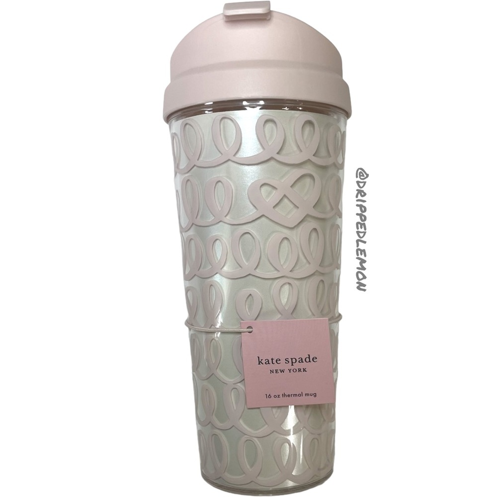 ♠️KATE SPADE NEW YORK HEART KNOT THERMAL TRAVEL MUG NWT PINK PEARL
